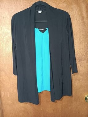 American City Wear Black Open Front Cardigan with Blue Tank